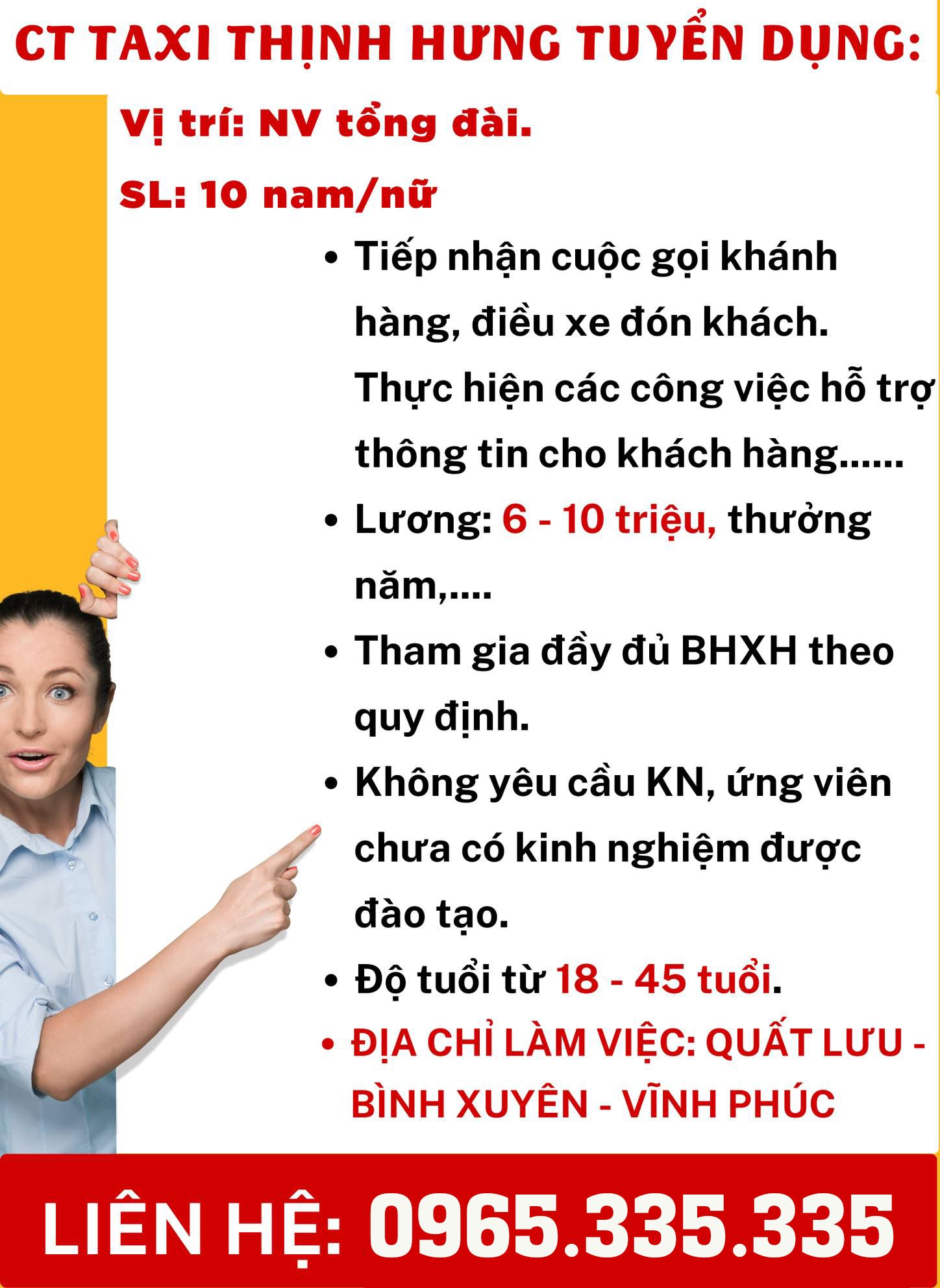 Tuyển dụng nhân viên tổng đài taxi Thịnh Hưng